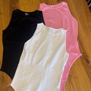 Ribbed High Neck Bodysuit Trio - Black, White & Pink